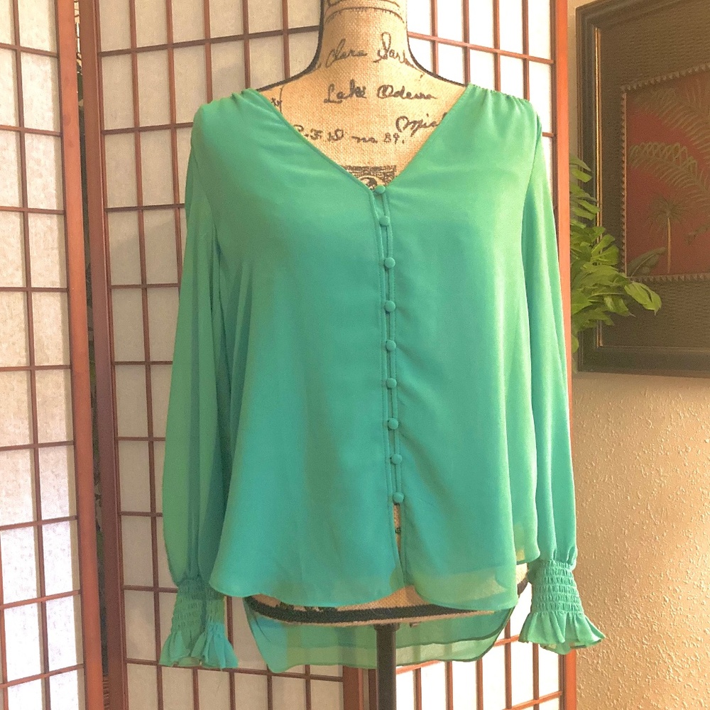 1. STATE Smocked Sleeve Button Up Blouse